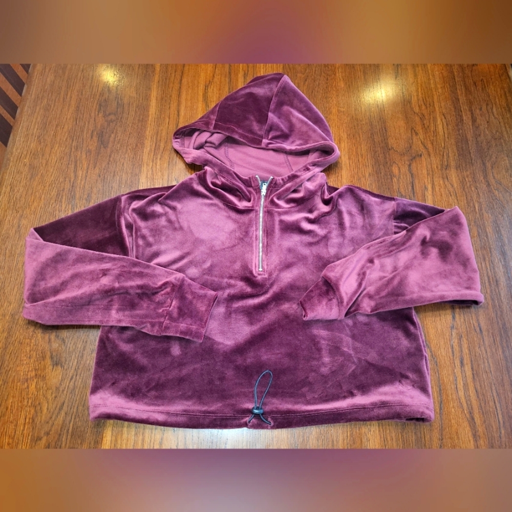 Forever21 Burgundy Cropped Soft Velour Hooded Drawstring Sweater Women's Small
